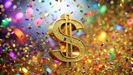 Golden Dollar Sign, Wealth, Celebration, Confetti, Money, Stock Photo