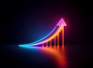 Glowing neon arrow ascends over a bar graph, symbolizing growth and progress against a dark background.  The vibrant colors highlight upward trajectory and success.