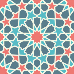 A symmetrical Islamic geometric pattern highlighting star motifs and intersecting shapes in vibrant pink, blue, and beige hues. Seamless pattern.
