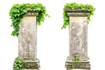 Weathered Stone Columns Covered with Vibrant Green Ivy In Bright Finished Outdoor Setting