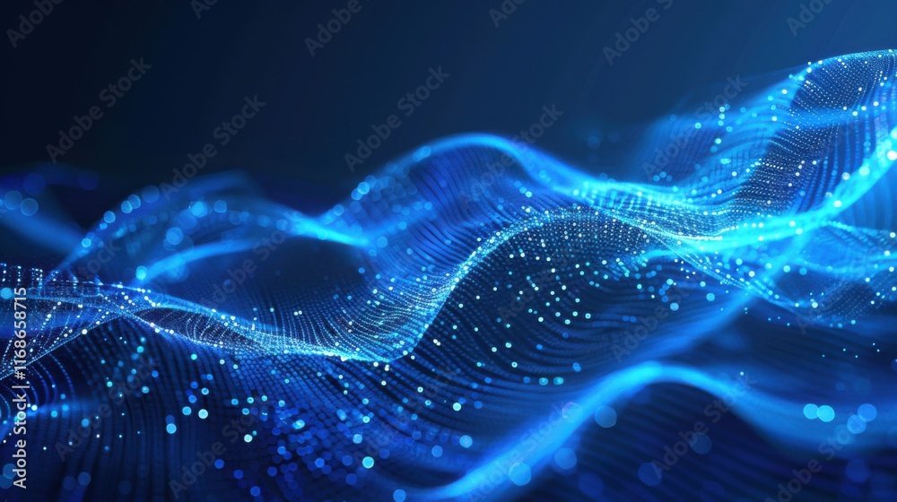 Poster Abstract blue technology background with futuristic digital lines. Dynamic network wave and particle communication. Modern tech design with glowing motion and internet space concepts