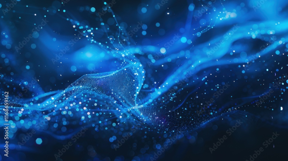 Poster Abstract blue technology background with futuristic digital lines. Dynamic network wave and particle communication. Modern tech design with glowing motion and internet space concepts