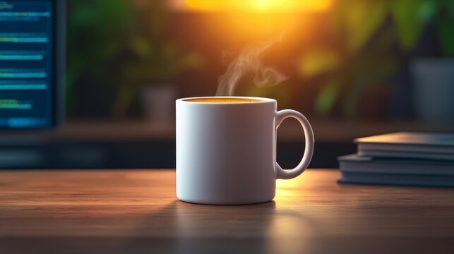Minimalist programmer's workspace with a steaming coffee mug. Generative AI