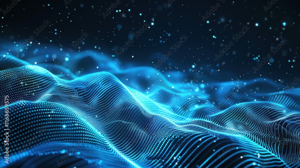 Poster Abstract blue technology background with futuristic digital lines. Dynamic network wave and particle communication. Modern tech design with glowing motion and internet space concepts