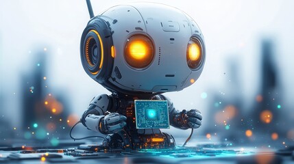 Futuristic Robot Holding Circuit Board in Vibrant Digital Landscape