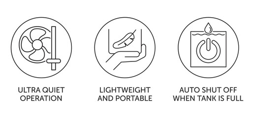 Dehumidifier icons set - Ultra Quiet, Lightweight, Portable, Auto Shut-off, in thin line