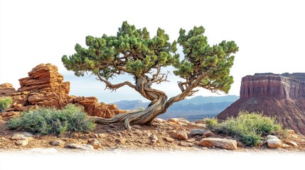 Obraz premium Twisted juniper tree on rocky desert landscape.