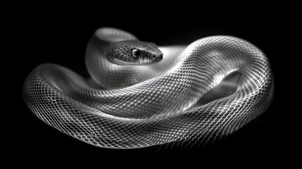 Fototapeta premium Serpentine Elegance: Abstract Black-and-White Photo of Coiled Snake with Dramatic Lighting and Strong Contrast