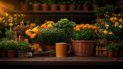 Floral Market Display with Mug Mockup. Generative AI