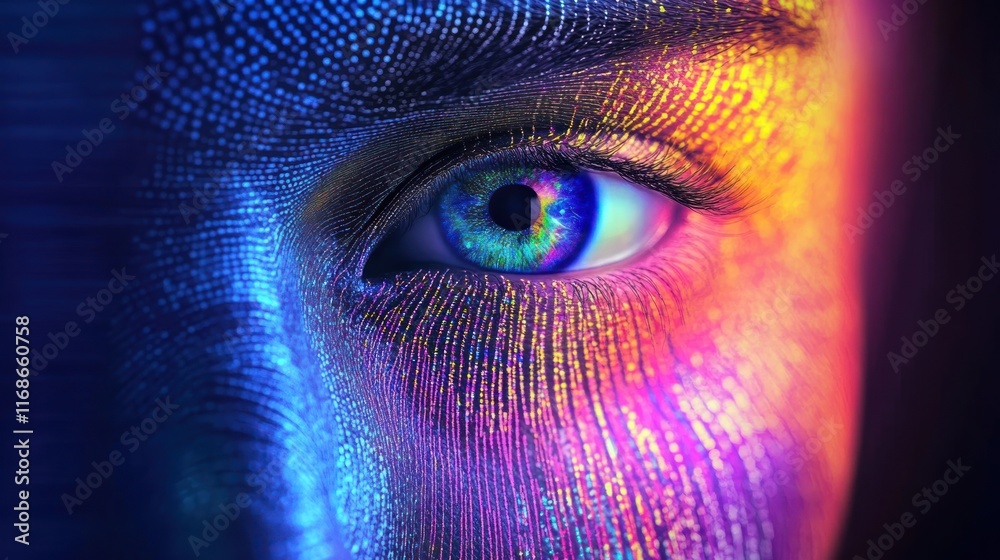 Poster A close-up of an eye with vibrant colors and digital patterns, symbolizing technology and perception.