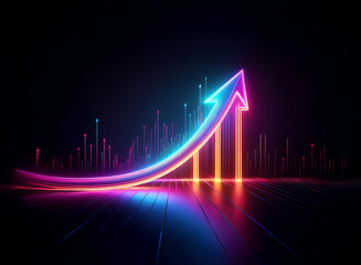 A vibrant neon arrow ascends against a dark backdrop, symbolizing growth and progress.  The arrow's glow reflects on a sleek, dark floor, with vertical lines suggesting data points.