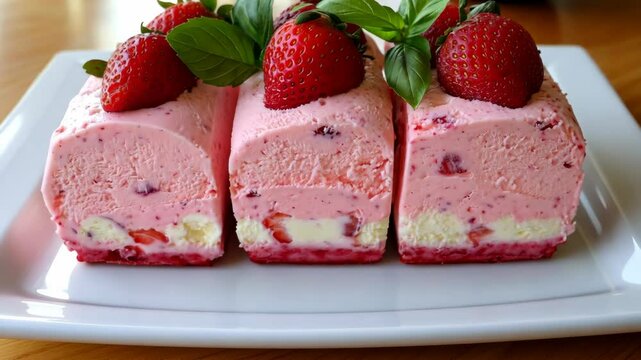 Delightful strawberry mousse dessert served on a white plate with fresh fruit garnish and vibrant green leaves
