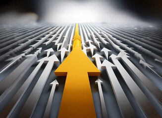 A vibrant gold arrow ascends, leading a multitude of grey arrows towards a bright light.  This symbolizes ambition, standing out, and the pursuit of success.