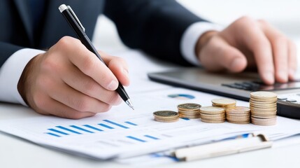 A person analyzing financial data with coins and a laptop.