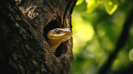 Obraz premium Serpent's Lair: Mystical Forest Encounter with Snake in Ancient Tree Hollow