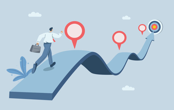 Businessman running on project timeline, Project planning to develop the timeline of business progress, Roadmap, Work duration review, Key route map with action plans. Vector design illustration.