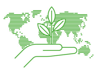 Ecological strategy - Hand holding plant with linear World map