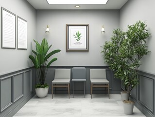 Fototapeta premium Minimalist Waiting Area With Plants And Framed Art