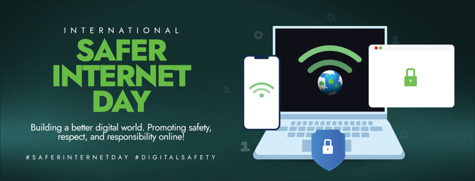 Safer Internet Day. International Safer Internet Day awareness cover for online security, cyber crime. Internet Security post with laptop, WIFI icon, web browser and secure shield icon. Vector