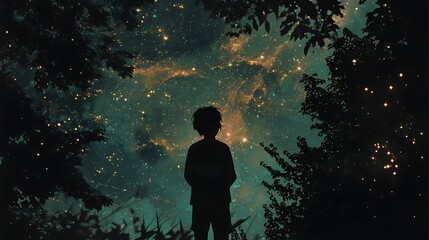 Obraz premium A silhouette of an individual standing under a starry sky, contemplating the vastness of the universe, representing existential reflection and the search for answers 