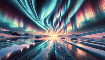 カラフルに空を彩るオーロラ。水面の反射と動的な波紋。幻想的で穏やかな北欧の夜空。generated by AI.	