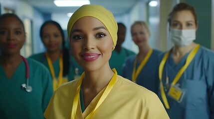Portrait of smiling muslim doctor wearing yellow scrubs leading diverse medical team in hospital corridor