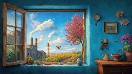 A window view showing one half a vibrant garden and the other a grim factory site.