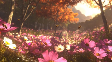 Serene Flower Field with Bees Gathering Nectar in Dreamy Summer Landscape