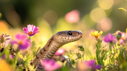 Obraz premium Serene Snake Amid Wildflowers: Natural Vibrancy and Warm Sunlight