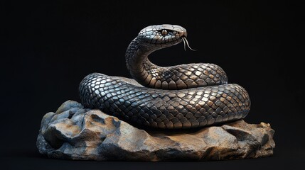 Fototapeta premium Serpentine Elegance: Stunning Coiled Snake with Diamond Pattern on Textured Stone Surface under Dramatic Lighting