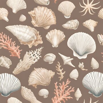 "Seamless Pattern of Hand-Drawn Seashells and Corals in Coastal Neutral Tones"