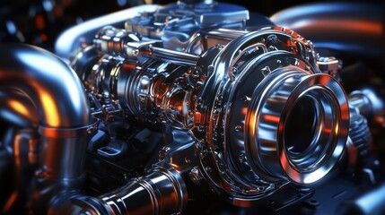Fototapeta premium A close-up view of a complex, shiny automotive engine component showcasing intricate design.