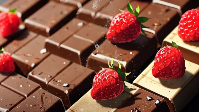 Video footage of close up of assorted chocolate bars, both dark and white, adorned with fresh, vibrant strawberries, creating a visually appealing and delicious combination