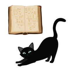 Halloween concept. Old ancient spell book and black cat isolated on white background