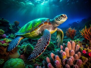 Fototapeta premium Green Sea Turtle Night Swim, Baja California Sur Reefs, Mexico