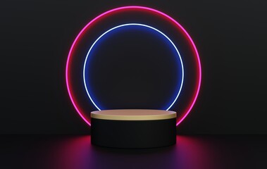 Black and gold podium with pink and blue neon lights For promoting technology products, 3d illustrations