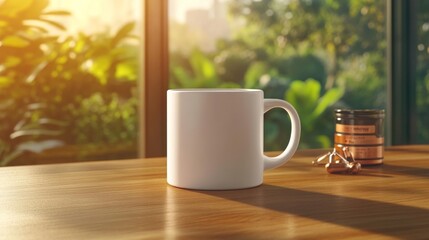 White Mug Mockup on a Fitness-Themed Desk. Generative AI