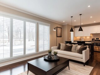 Fototapeta premium Modern Living Room Interior Design With Snowy View