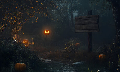 Spooky Halloween Landscape with Glowing Jack-o'-Lanterns and Blank Signpost at Night