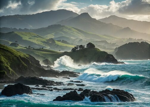 Batan Island Double Exposure: Mystical Landscape & Ocean Waves