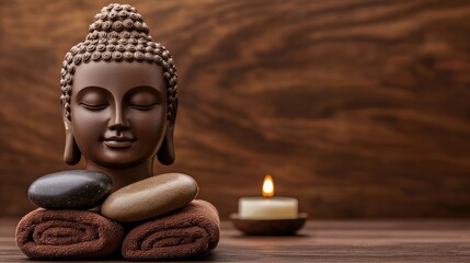 Meditation and relaxation buddha statue with stones and candle indoor serenity tranquil environment calm concept