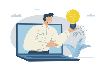 Creating successful ideas or creativity, Imaginative thinking and inspiring ideas, Motivation for business innovation, Businessman holding a big light bulb on a laptop screen, Flat vector design.