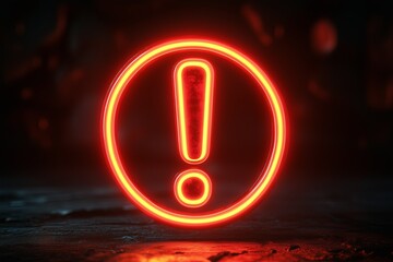 Neon danger warning sign with exclamation mark on dark background. Vector illustration. Attention sign.