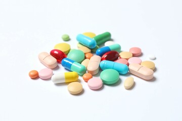 Various pills on white background
