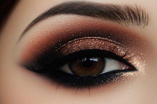 Close-up of woman eye with beautiful black smokey eyes makeup