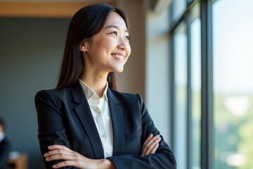 Obraz premium Confident Asian Businesswoman Smiling in Office Setting, Perfect for Professional and Inspirational Stock Photography