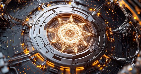 Abstract futuristic metallic structure with glowing central design.