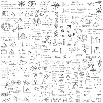 Science line hand drawn symbols. Geometric icons and formulas of important science technology theories. Seamless pattern vector illustration for background.