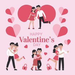 Valentine's Day themed illustration featuring loving couples, hearts, and festive romantic elements. Ideal for holiday cards