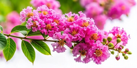 Fototapeta premium Blooming Lagerstroemia Speciosa Pers Flowers on White Background - Tilt-Shift Photography